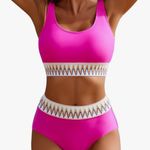 Aimage Women's High Waist Two Piece Bikini Set Aztec Swimsuit Pink L Large NEW Photo 0