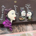 Vintage Lady Face Brooch & Earrings Set | Hand Painted Statement Jewelry Purple Photo 0