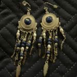 Boho Dangle Earrings Silver Tone Blue Bead Feather Festival Jewelry Photo 0