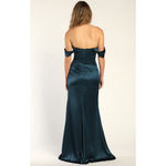 Lulus Stunning Arrival Dark Teal Satin Off The Shoulder Maxi Dress Formal S NWT Blue Photo 3