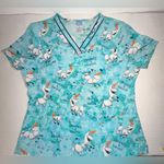 Disney Olaf Frozen Scrub Top Unisex Size L Stretch Print Medical Unicorn Pocket Photo 4