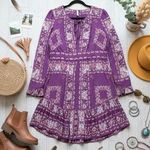 Free People  Boho Purple Floral Print Long Sleeve Mini Dress Festival Hippie Chic Photo 0