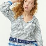 J.Crew  white with blue ribbon block print tie-front ruffle top S Photo 1
