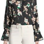 Karl Lagerfeld  Floral Black Blouse Long Bell Sleeves Tie Bow Button Keyhole NWT Photo 0