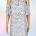 Veronica M . white with blue feathers, cold shoulder shift dress. Size XS. EUC Photo 0