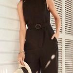 Loft black linen jumpsuit romper wide leg pants belted Sz 6 Photo 0