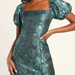 Lulus  Going Gorgeous Shiny Teal Jacquard Puff Sleeve Mini Dress Photo 0