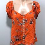 Free People  Close To You Orange Floral Puff Sleeve Smocked Top Shirt Small Photo 1