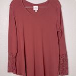 Knox Rose Women's Brick Red Ribbed Long Sleeve Tee with Lace Sleeve Size L Photo 0