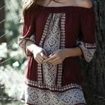 Tularosa Fiona Burgundy Off The Shoulder Embroidered Smocked Boho Dress Medium Photo 9