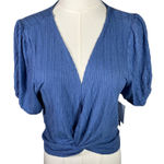 O'Neill  Hilda Blue Puff Sleeve Textured Wrap Front Crop Top Size‎ Large New Photo 0