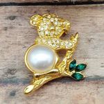 Figural Faux Pearl Koala Bear Brooch Gold Tone Rhinestone Accents 1.5" Photo 3