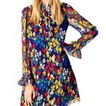 Tory Burch Navy Polka Dot Multicolor Iris Flowers & Pearlized Buttons Dress Photo 14