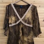 Candie's Y2K Size Large Brown Tie Dye Lace Trim Flutter Elbow Sleeve Midi Dress Photo 1