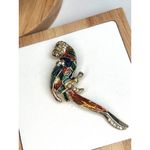Vintage Gold Tone Parrot Brooch With Rhinestones & Colorful Enamel 3" Long Photo 3