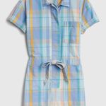 Gap Sz 14 Short Sleeve Plaid Romper Drawstring Waist Pockets Button Down Photo 1