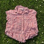 Lucky Brand Pink White Striped Collared Short Sleeve Tie Hem Linen Top Size S Photo 2