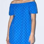 ZARA Floral Openwork Textured Blue Off Shoulder Mini Sun Dress Balloon Sleeve Photo 0