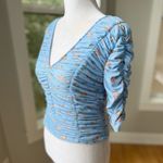 ZARA Baby Blue Pink Floral Mesh Rusched V Neck Elbow Sleeve Top Size Small Photo 1