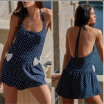Free People High Strung Blue White Polkadot Romper Jumpsuit w Bows Coquette Sz L Photo 1