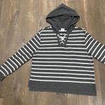 CAbi Hoodie Women's L Gray White Striped Rope Lace Up V Neck Hooded Tie Preppy Photo 5