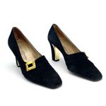 St. John Black Suede Gold Buckle Heels Made in Italy Pumps Size 7 Vintage 80s Photo 2