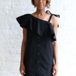 Sea NY Black Ruffle Off Shoulder Mini Dress Small Button Loose Linen Shirtdress Photo 0