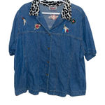 Bill Blass ‎ Denim Shirt Top Short Sleeve Embroidered Cow Print Collar Plus Photo 0