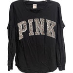 PINK - Victoria's Secret  Black Long Sleeve Sequin Campus Tee XS Oversize College Photo 0