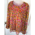 Terra & Sky Terra Sky Floral Print Smocked Neck Long Sleeve Blouse Women's 1X Pink Orange Photo 2