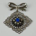 Vintage Silver Tone Bow Dangle Brooch Filigree Blue Cabochon Rhinestones Photo 0
