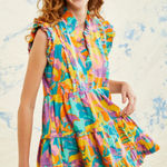 Love The Label Elana Poplin Dress Multicolored Iris Print Pockets Size Medium Yellow Photo 0