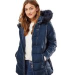Loft Coat Blue Faux Fur Detachable Hood Crushed Velvet Puffer Quilted Coat Small Photo 1