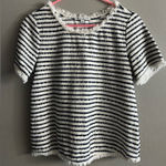 Green Envelope Shirt Women’s Small White Navy Short Sleeve Top Frayed Edge Seams Photo 0