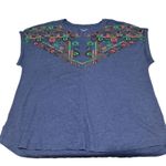 Chico's  Blue Floral‎ Embroidered Short Sleeve Notch Collar Top 1X Plus Photo 3