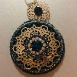 Art of thread, hand made earrings. Dark Green color with gold accents Photo 1