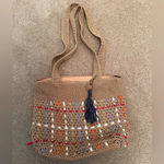 The Sak Y2K 90s Knit Crochet w/ Woven Ribbons Tan & Rainbow Purse. Photo 0