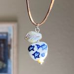 Handmade celestial porcelain heart bead & Czech leaf unique boho fairy whimsical necklace🌙🌀🌟 Photo 4