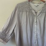 Sundance Marianna Stripe Top Large Gray White Henley Smocked Ruffle Button Up Photo 4