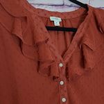 J. CREW FACTORY CLIP DOT RUFFLE BUTTON UP SHIRT SPLIT V NECK LINED DEEP ORANGE M Size M Photo 2
