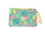 Flamingo Tropical Print Swimsuit or Cosmetic Bag Pink Green Yellow Wristlet Photo 1