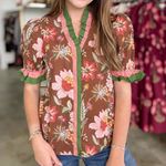 Entro  ruffle blouse floral puff short sleeve neck mock pink thanksgiving top Photo 7