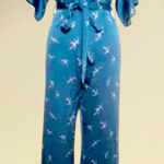 NWT Garota Blue Teal Crane Print Wide Leg Jumpsuit Medium Resortwear Open Back Photo 0
