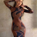 House Of CB  'Cassidy' Brown Mesh Printed Long Sleeve Midi Dress NWOT size‎ S Photo 0