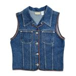 Liz Claiborne Vintage 90s Blue Denim Vest Leather Trimmed M Grunge Biker Boho Photo 0