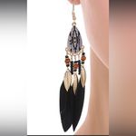 Natural Feather Earrings in Black & Gold Long Drop Bird Feather Aztec Earrings Photo 2