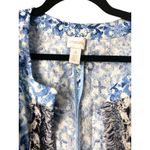 Chico's Blue White Floral 100% Linen Fringe Kimono Jacket Size 4 Boho Coastal Photo 8