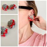 Handmade Cozy Gray & Red Pom Pom Boho Chunky Knit Yarn Earrings, Stud Post Back Photo 10