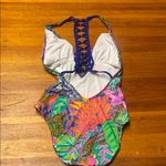 Trina Turk  Pink and Orange One Piece Swimsuit with Plunging Neckline Photo 1