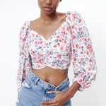 ZARA  White Colorful Floral Fairy Boho Smocked Tie Back Linen Blend Crop Top Photo 3